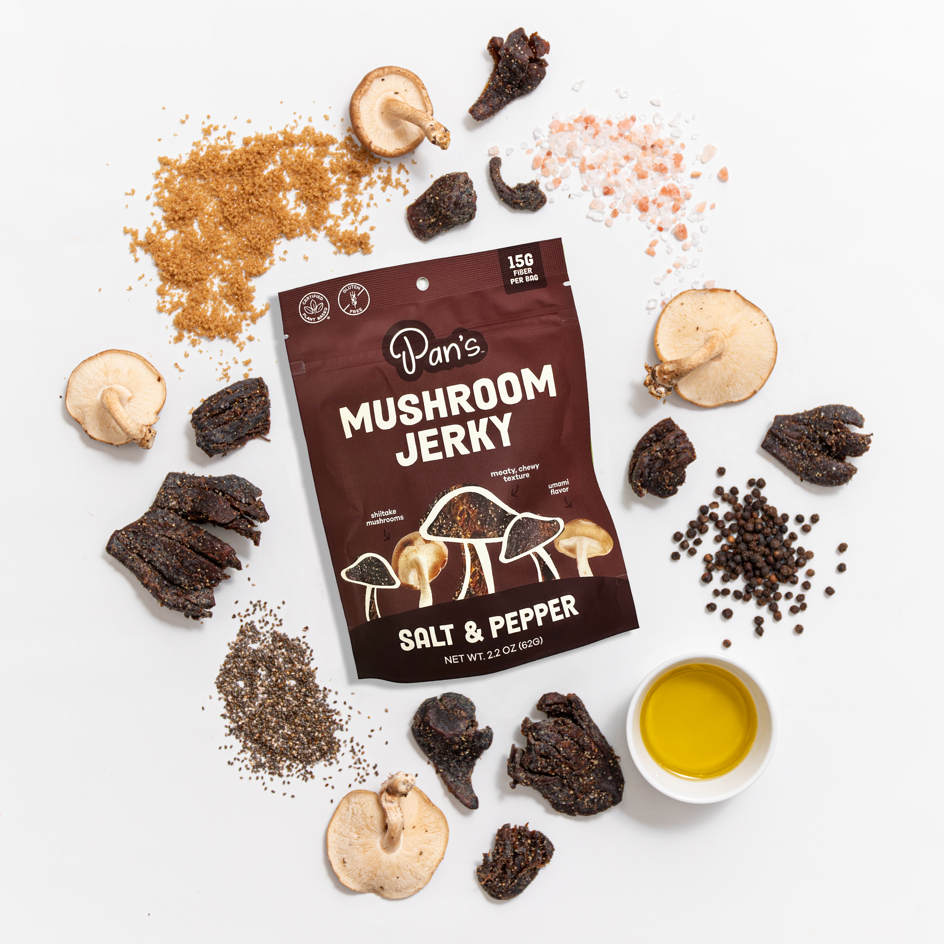 Pan's Mushroom Jerky Salt & Pepper flavor, close-up of savory mushroom jerky strips with salt and pepper seasoning.