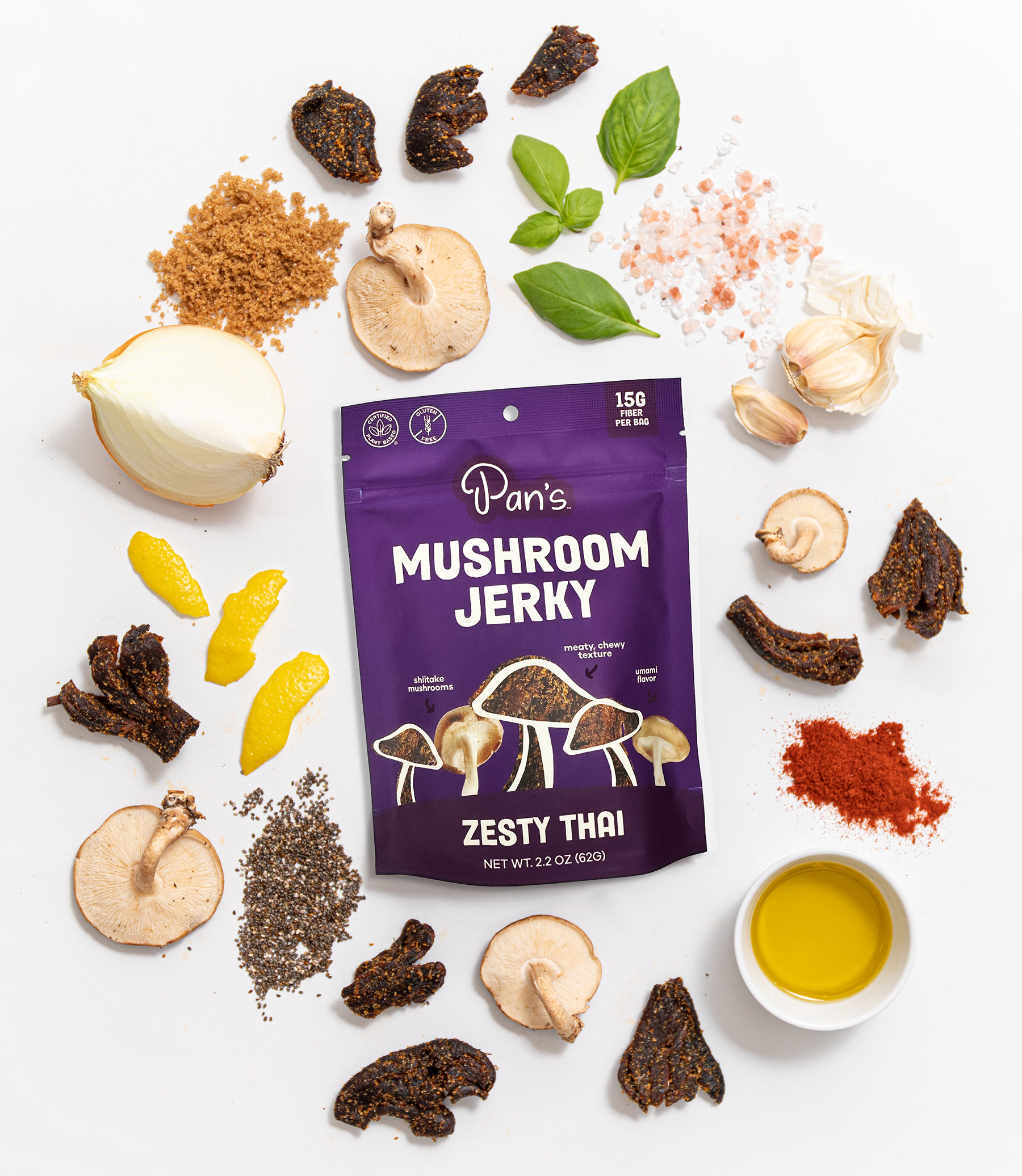 Pan's Mushroom Jerky Zesty Thai Mushroom Snack, featuring dried mushroom slices with bold Thai seasoning in a resealable bag.