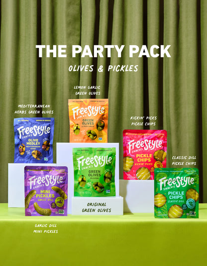 Assorted olives and pickles from FreeStyle Snacks The Party Pack, displayed in a variety of jars and containers.