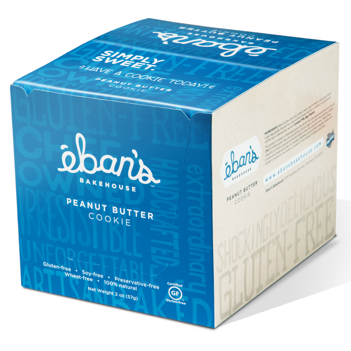 Eban’s Bakehouse peanut butter cookies in closed packaging, 12-pack box, showing golden-brown cookies with peanut butter flavor