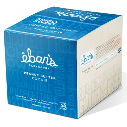 Eban’s Bakehouse peanut butter cookies in closed packaging, 12-pack box, showing golden-brown cookies with peanut butter flavor