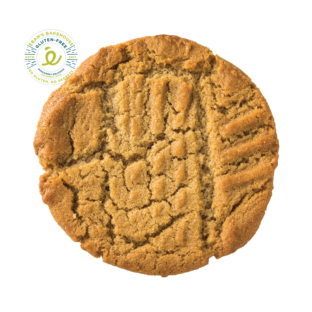 Eban’s Bakehouse peanut butter cookies in a 12-pack, showing golden-brown cookies with a peanut butter flavor.