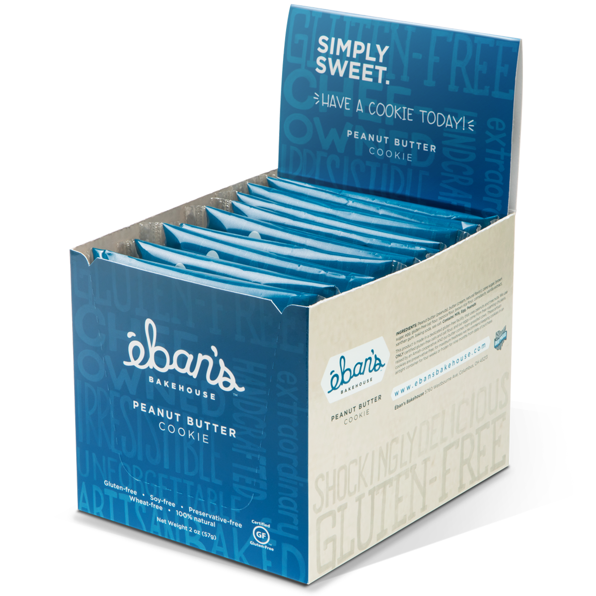 Open packaging of Eban’s Bakehouse Peanut Butter Cookies, showcasing crispy, golden-brown cookies in a 12-pack box.