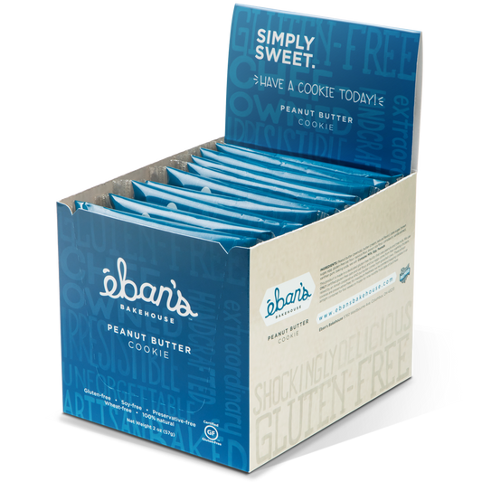 Open package of Eban’s Bakehouse peanut butter cookies, showing golden-brown cookies with a peanut butter filling.