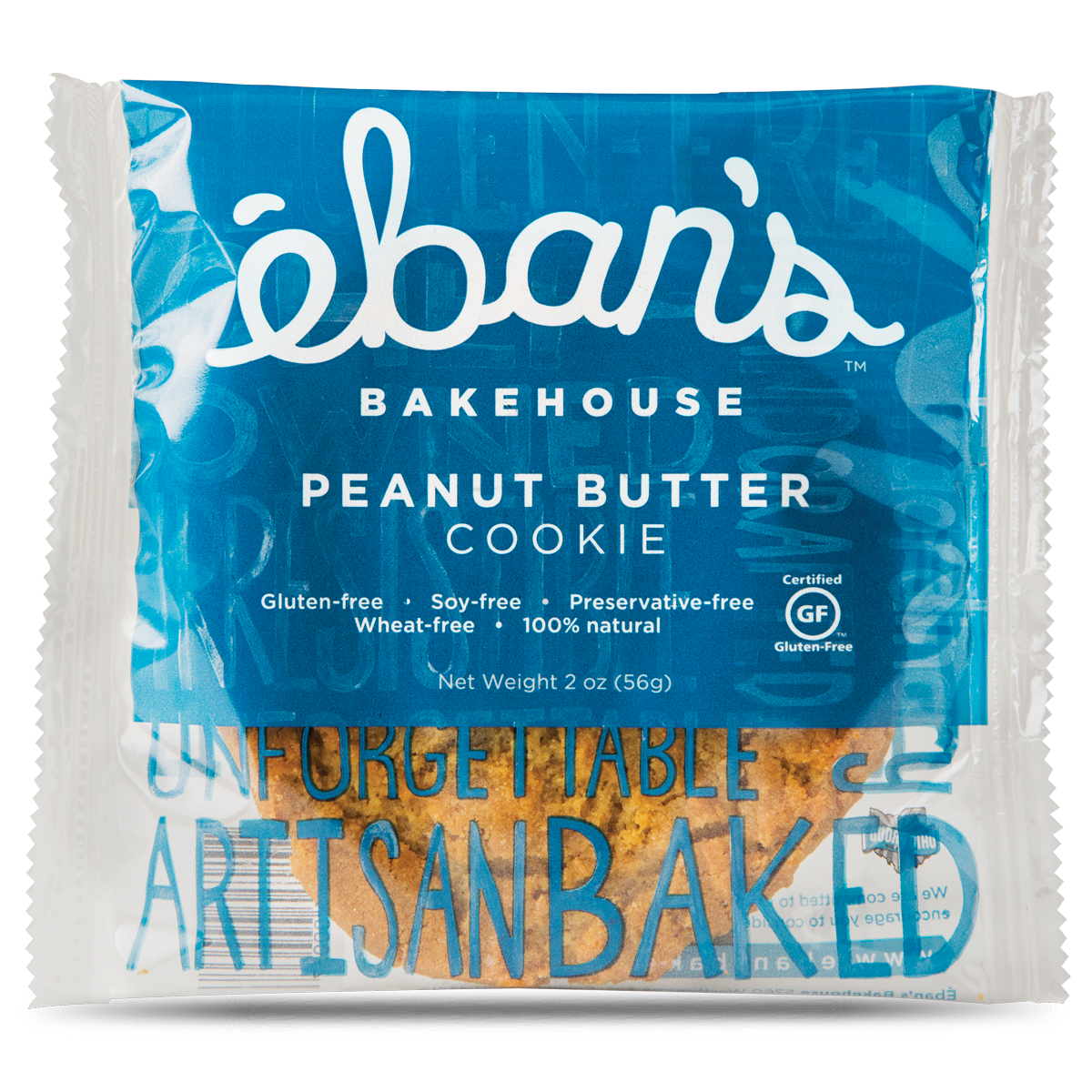Eban’s Bakehouse peanut butter cookies 12-pack, showing individually wrapped cookies in packaging with branding and peanut butter imagery.