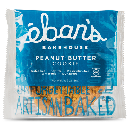 Eban’s Bakehouse peanut butter cookies 12-pack, showing individually wrapped cookies in packaging with branding and peanut butter imagery.