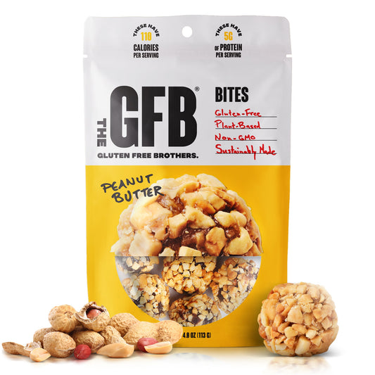 Close-up of The GFB Peanut Butter Bites, protein snack bites with peanut butter flavor, in a clear container.