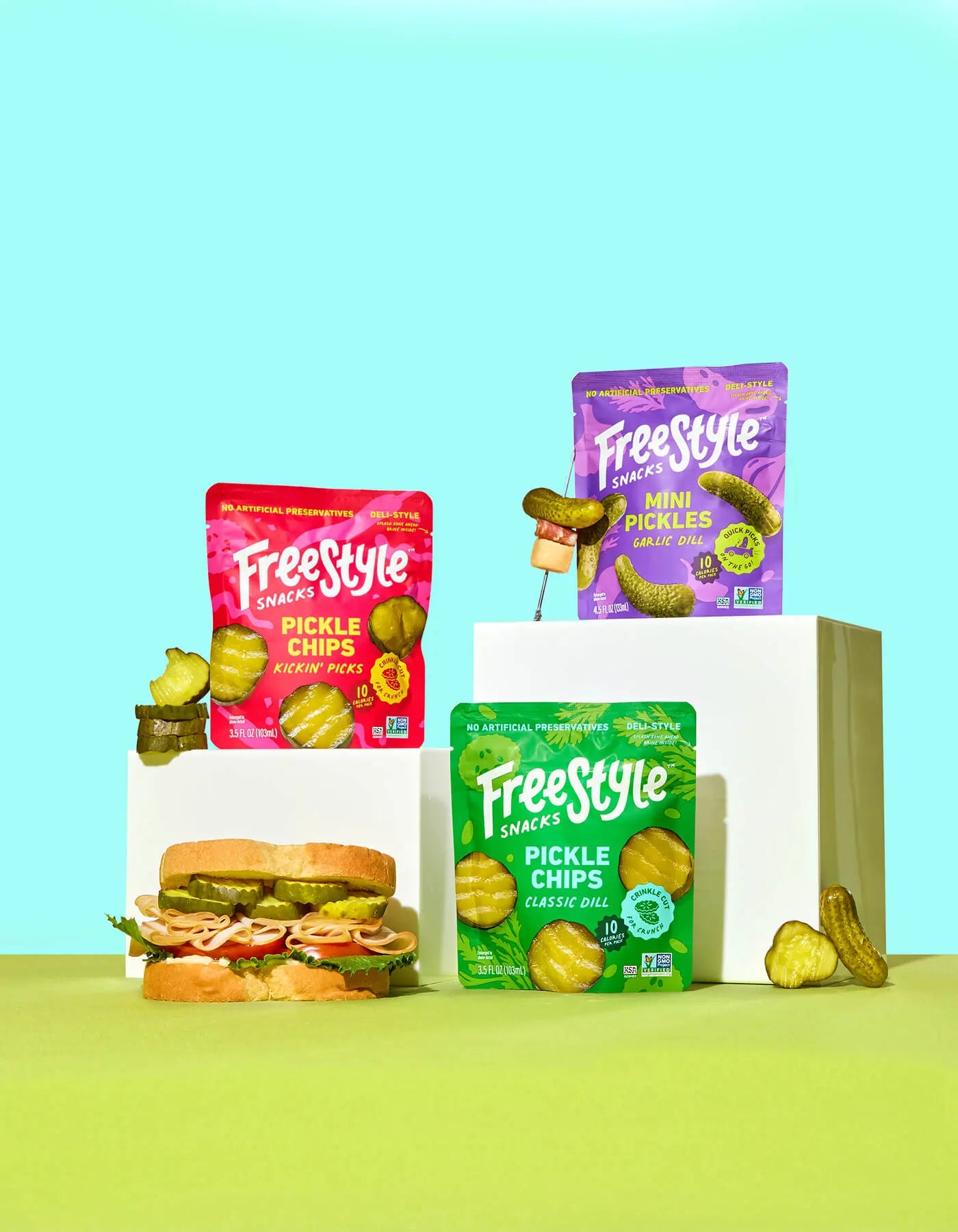 Assorted pickle snacks in a Freestyle Snacks FreeStyle Snacks The Pickle Starter Pack, featuring a variety of pickle-flavored treats.