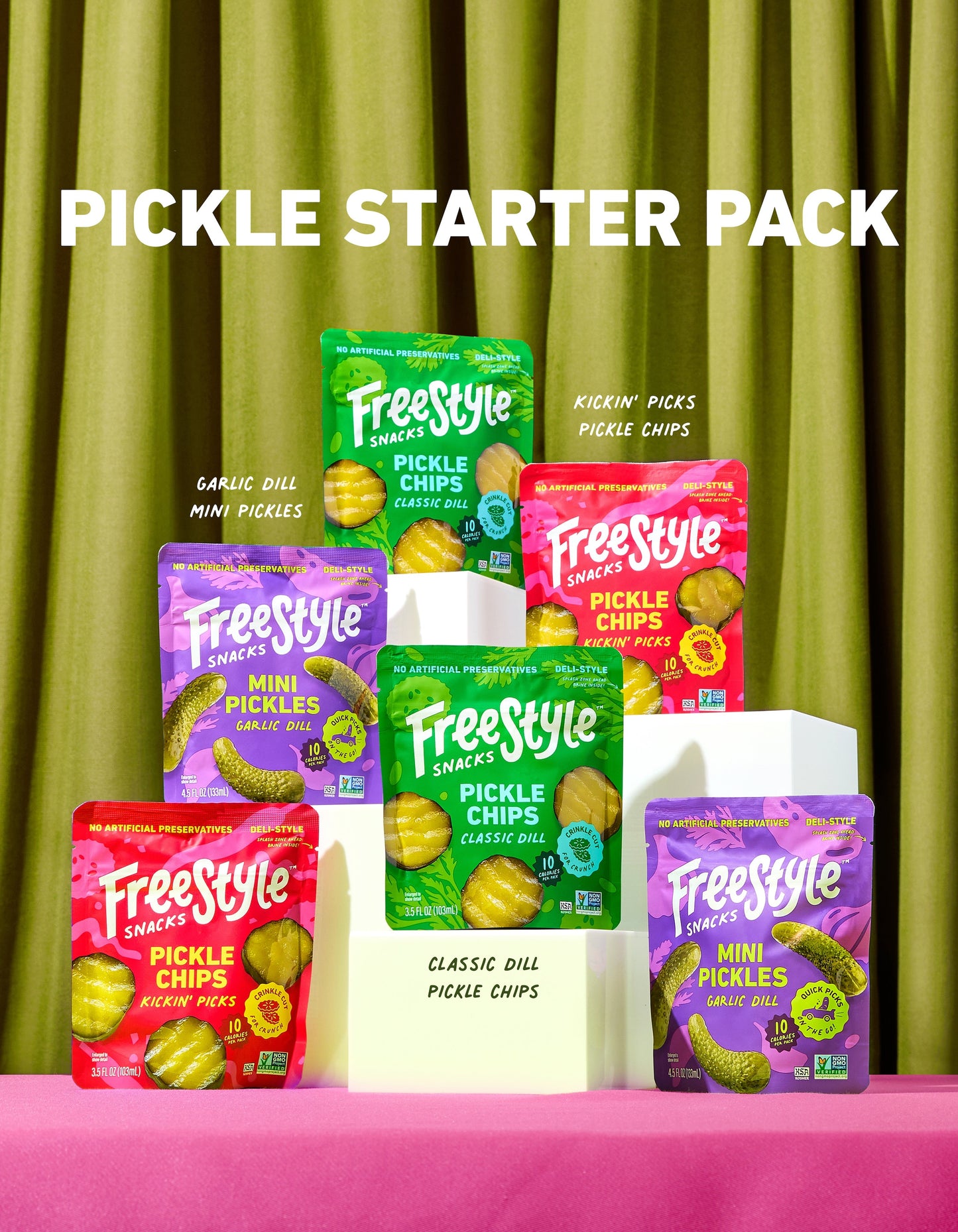 Assorted pickle snacks in Freestyle Snacks' FreeStyle Snacks The Pickle Starter Pack, featuring various pickle-flavored treats.