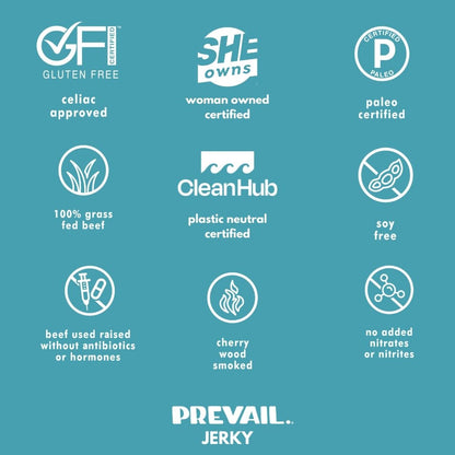 Assorted PREVAIL Jerky variety pack with five different flavors, featuring beef, turkey, and other jerky types in a colorful assortment.