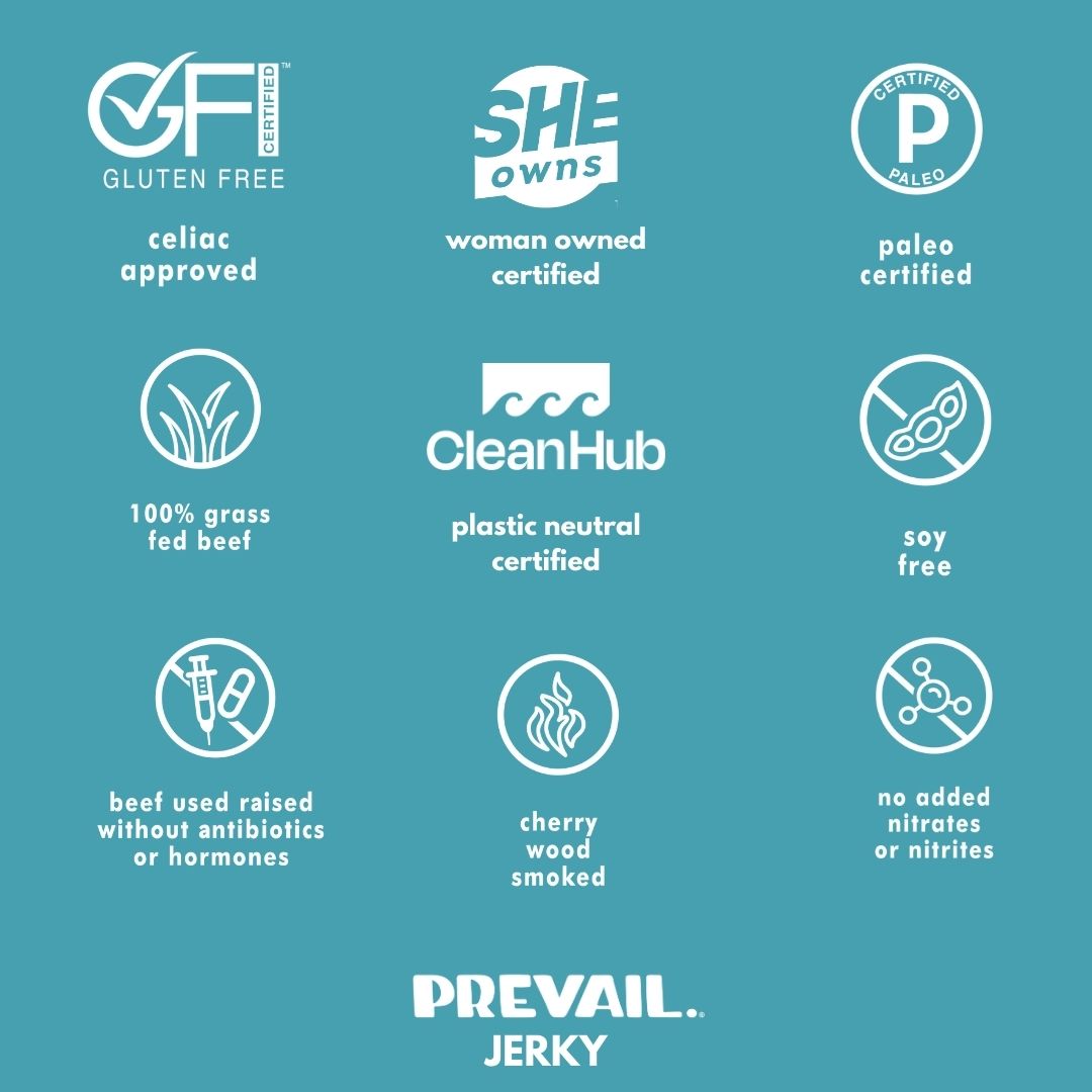 PREVAIL Jerky Original Beef Jerky single serve 8-pack, showing individually wrapped beef jerky pieces in a box.