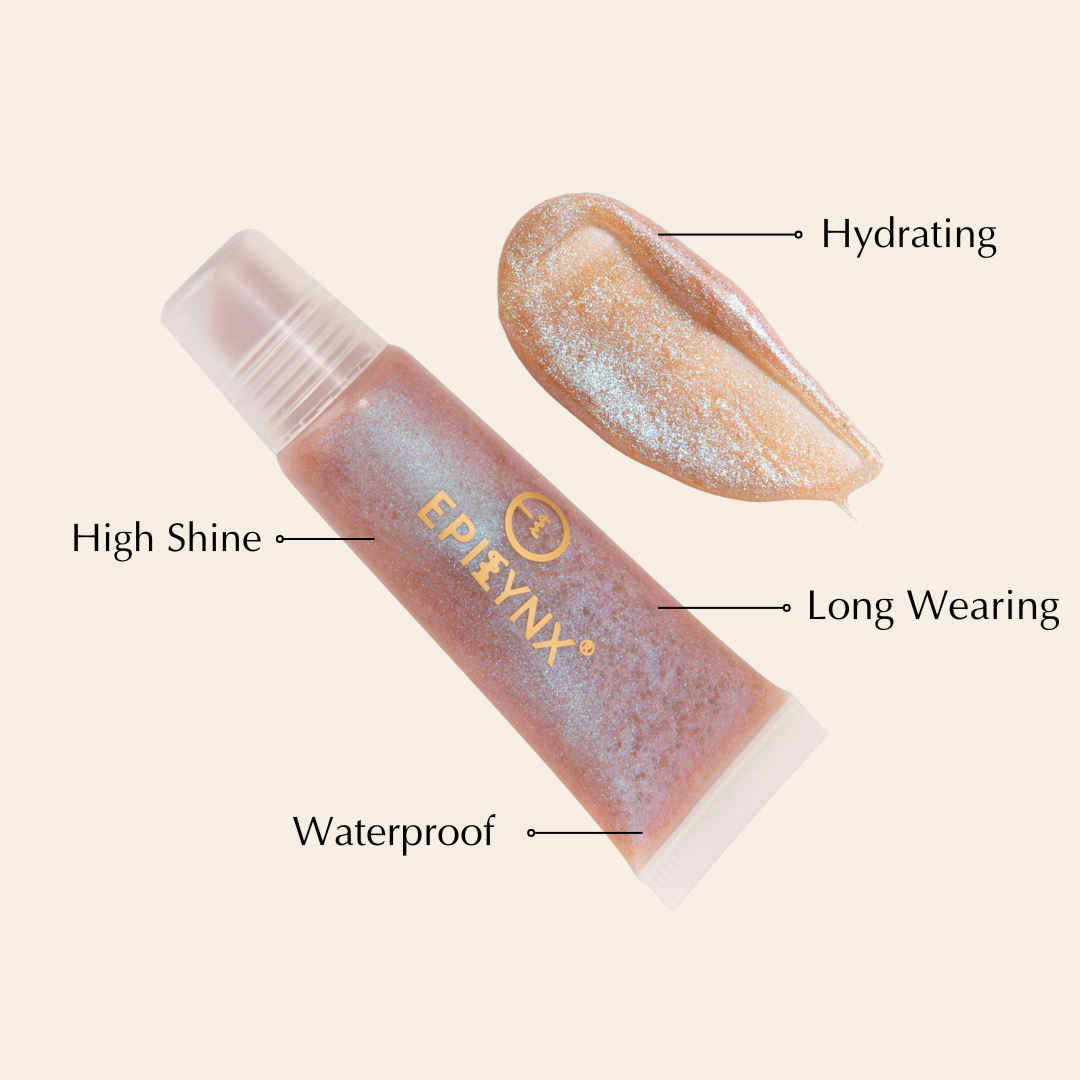 EpiLynx Hydrating vegan lip balm in rose gold gloss with a sheer tint, providing long-lasting moisture and subtle shine.