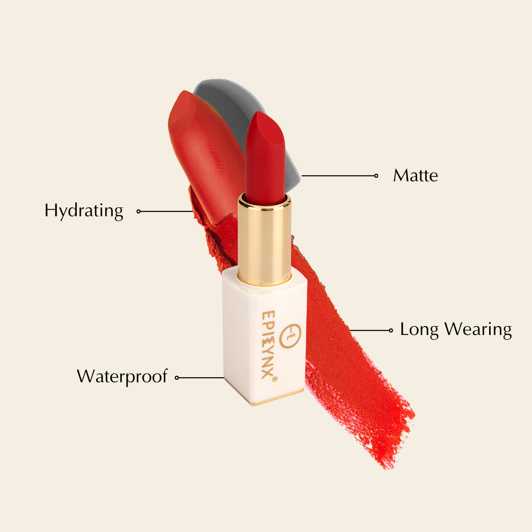 EpiLynx vegan matte lipstick in a rose gold magnetic case, showcasing the hydrating, long-wear lipstick with a smooth finish.