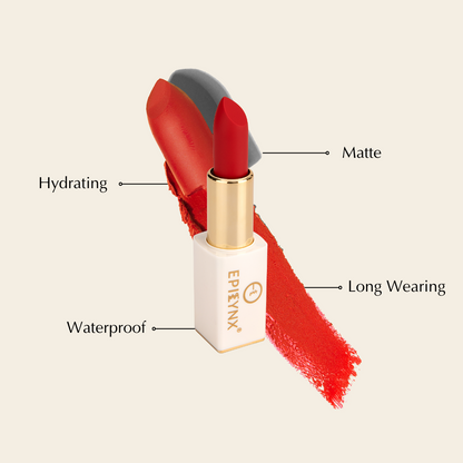 EpiLynx vegan matte lipstick in a rose gold magnetic case, showcasing the hydrating, long-wear lipstick with a smooth finish.