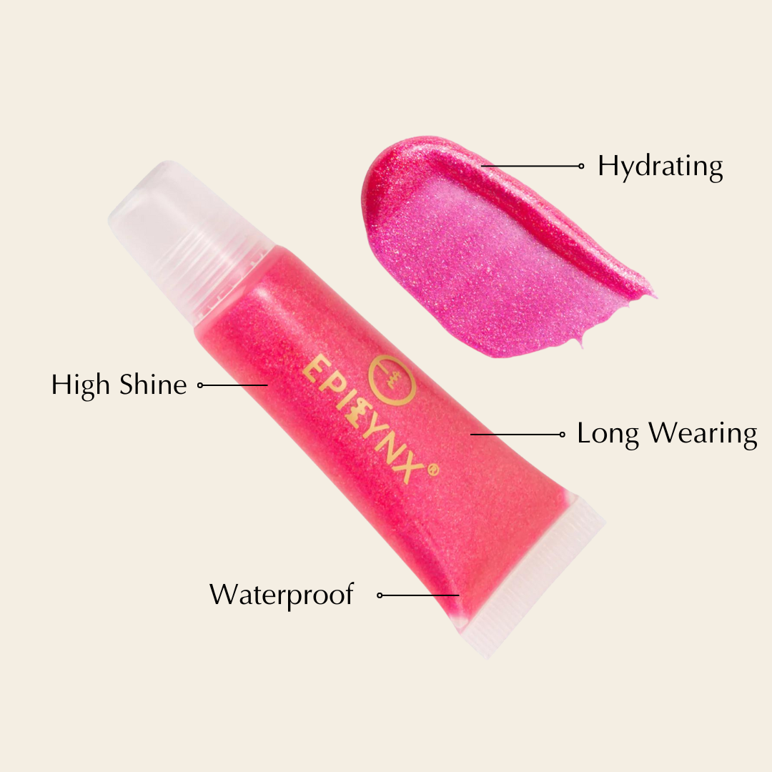 EpiLynx Hydrating vegan lip balm with rose gold gloss finish, providing long-lasting moisture and a sheer tint on lips.
