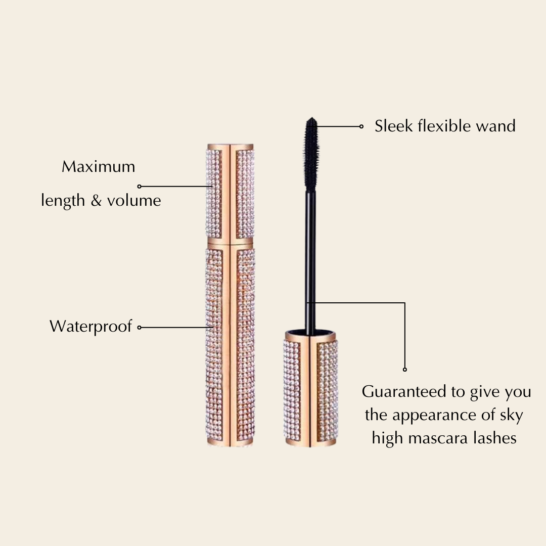 EpiLynx Mega Volume Vegan Mascara with rose gold glossy packaging and handmade diamond case, smudge-proof and volumizing.
