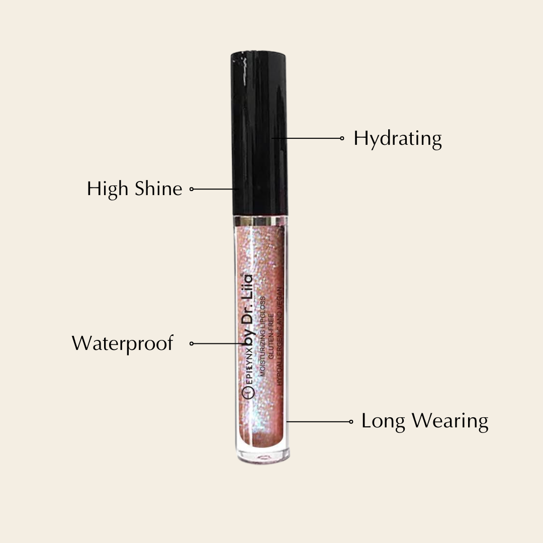 EpiLynx Hydrating Shine Lip Gloss in rose gold color, vegan and gluten-free, showing the shiny, smooth lip gloss tube with a reflective finish.