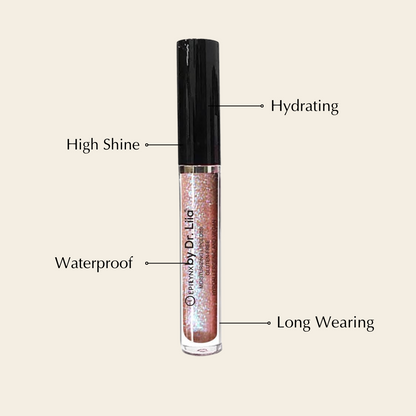 EpiLynx Hydrating Shine Lip Gloss in rose gold color, vegan and gluten-free, showing the shiny, smooth lip gloss tube with a reflective finish.