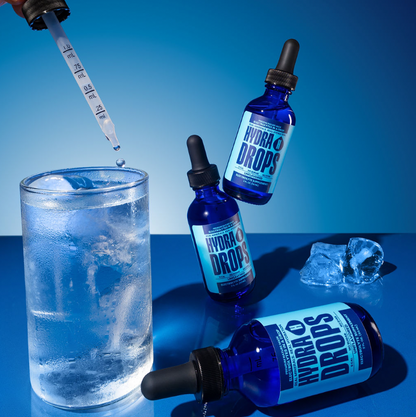 Hydra Hydration Hydra Drops sea mineral electrolyte drops in a clear bottle with a dropper, designed to enhance hydration.