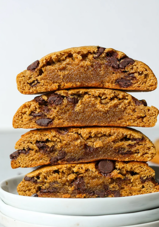 Sweet Addison's protein cookie with 17g protein, showing a close-up of the delicious chocolate chip cookie on a plate.