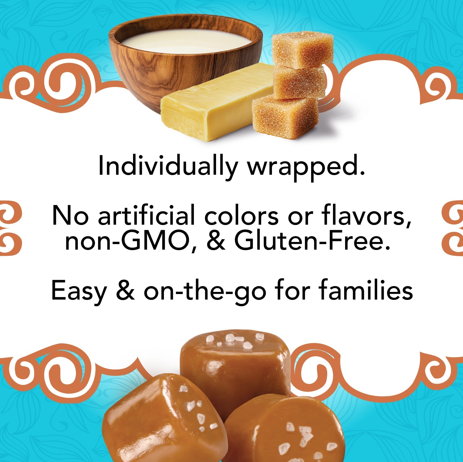 Image of Lovely Candy Company Sea Salt Caramels highlighting their rich caramel texture and sea salt topping.