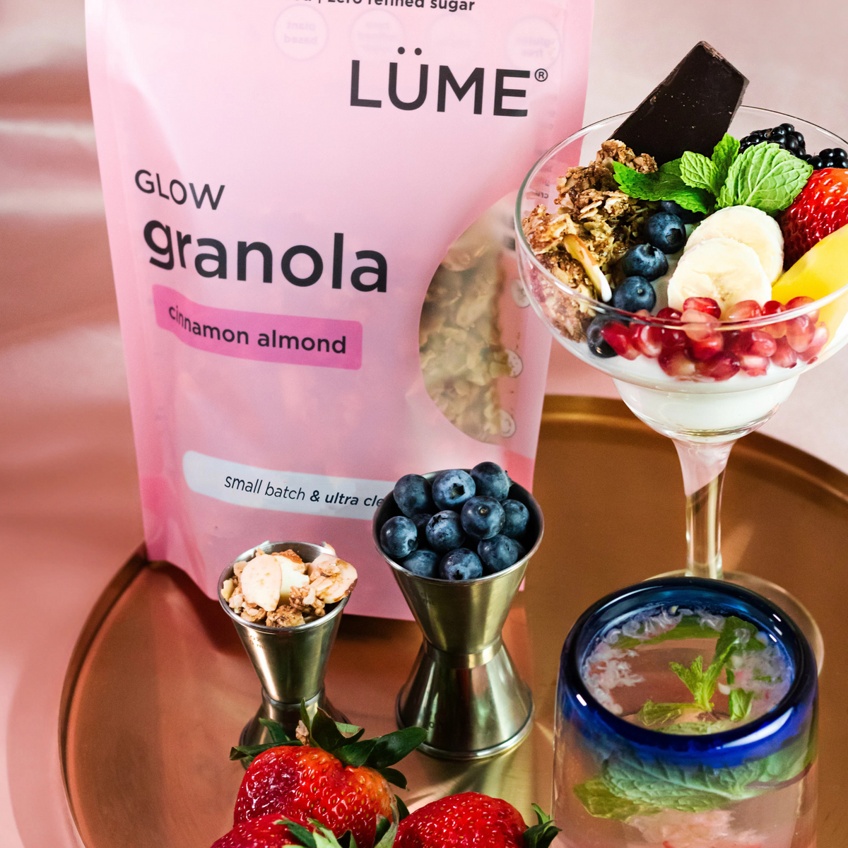 LÜME Cinnamon Almond Granola in a packaged product pouch