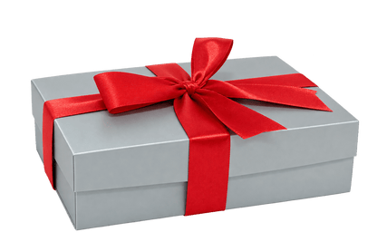Silver gift box with red satin bow containing My Dad's Cookies Holiday Bakery Favorites cookie assortment.