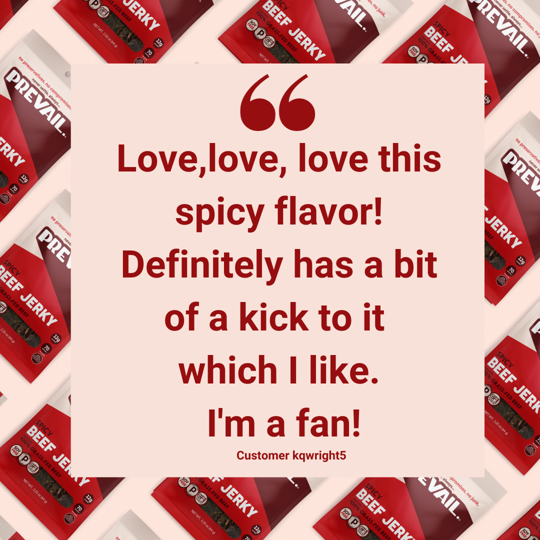 Spicy beef jerky in a single-serve pack from PREVAIL Jerky, featuring bold flavor and chewy texture.