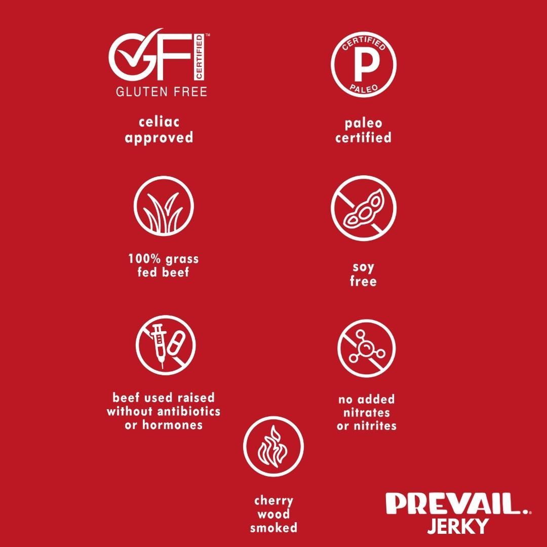 Spicy beef jerky from PREVAIL Jerky, single-serve pack with eight pieces, showcasing the flavorful, seasoned jerky close-up.