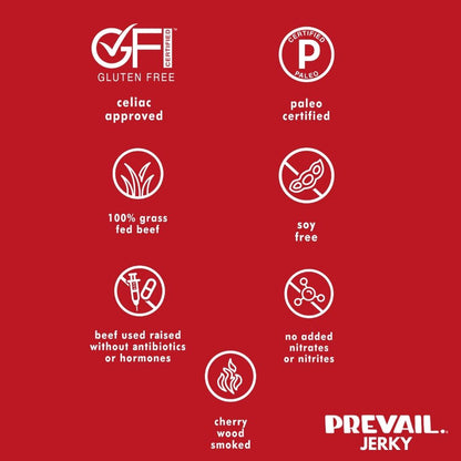 Spicy beef jerky from PREVAIL Jerky, single-serve pack with eight pieces, showcasing the flavorful, seasoned jerky close-up.