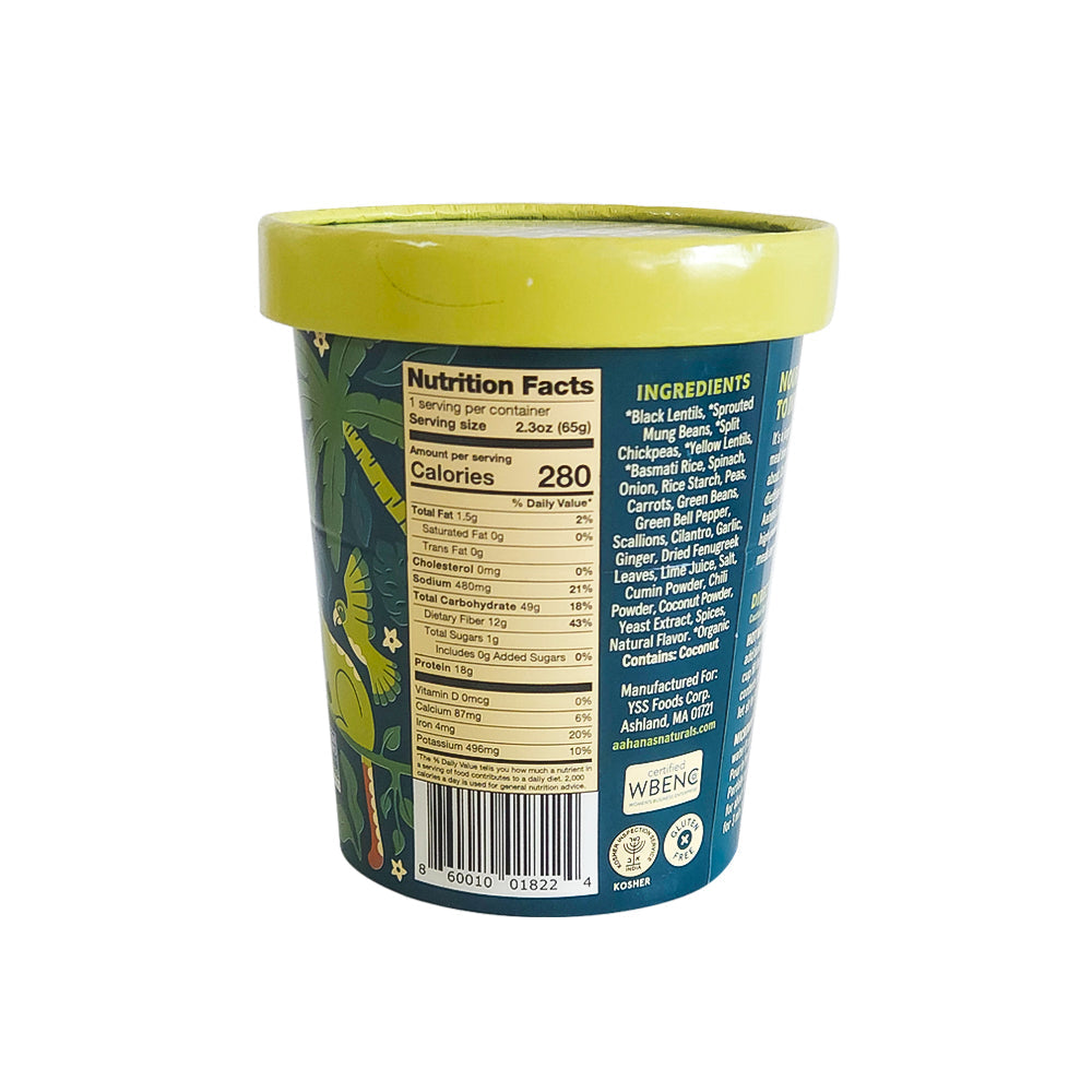A bowl of Aahana's Naturals Spinach & Garlic Sprouted Mung Beans and Rice Khichdi, vibrant with fresh spinach and garlic.