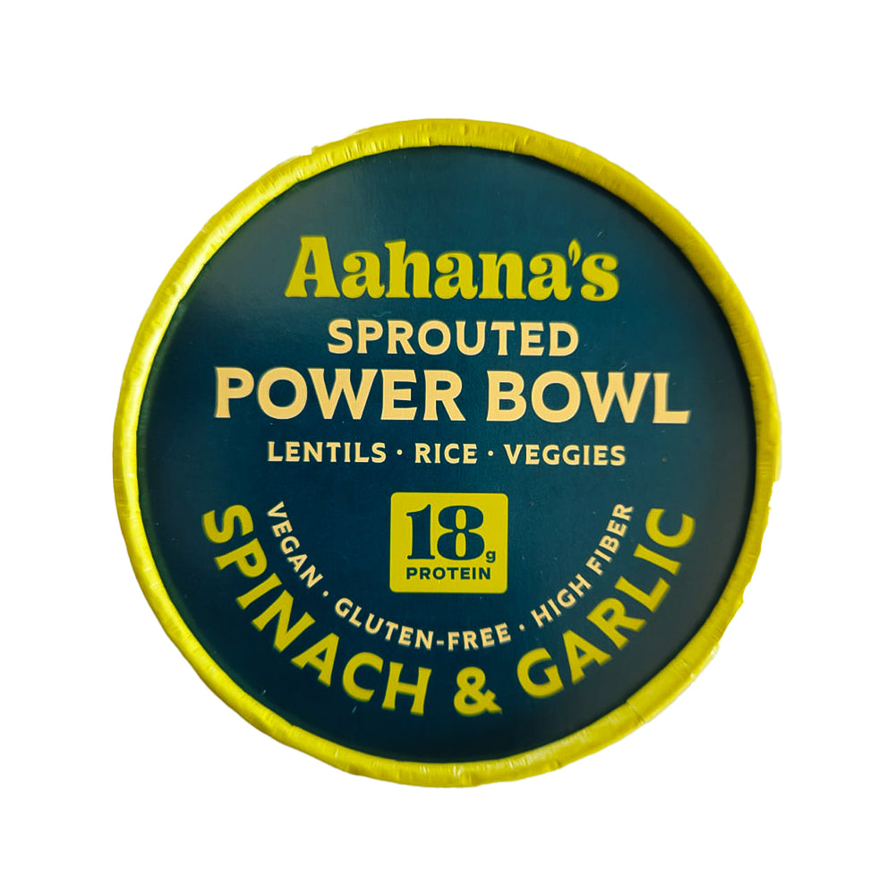 Sprouted mung beans and rice bowl with spinach and garlic from Aahana's Naturals, healthy vegetarian Khichdi served in a 6-pack.