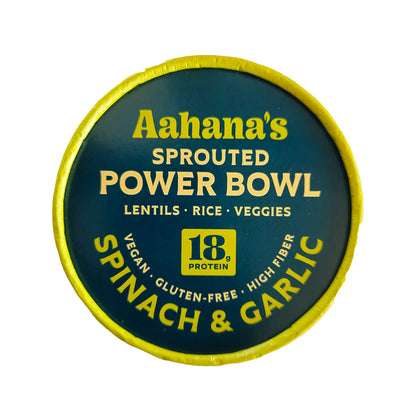 Sprouted mung beans and rice bowl with spinach and garlic from Aahana's Naturals, healthy vegetarian Khichdi served in a 6-pack.