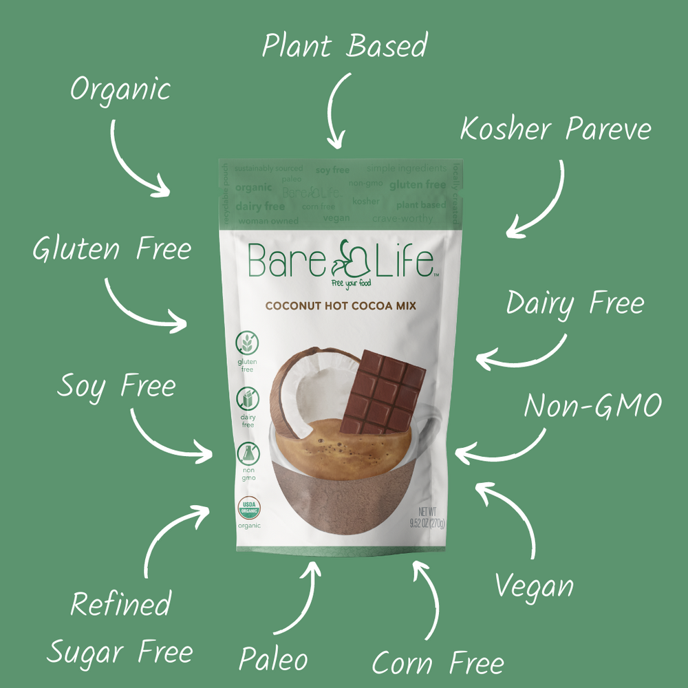Bare Life dairy-free coconut hot cocoa mix in a standup pouch, gluten-free, vegan, and organic, perfect for a warm, creamy beverage.