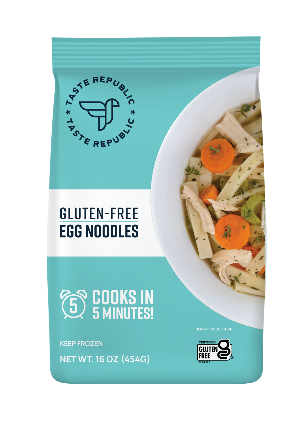 Taste Republic gluten-free egg noodle pasta in a six-pack, showcasing the frozen family-size packaging and fresh noodle texture.