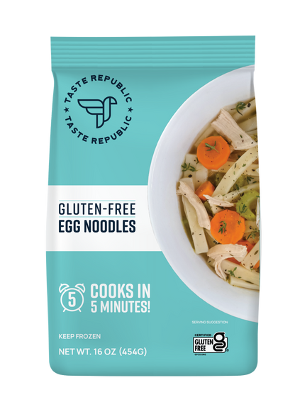 Taste Republic gluten-free egg noodle pasta in a six-pack, showcasing the frozen family-size packaging and fresh noodle texture.