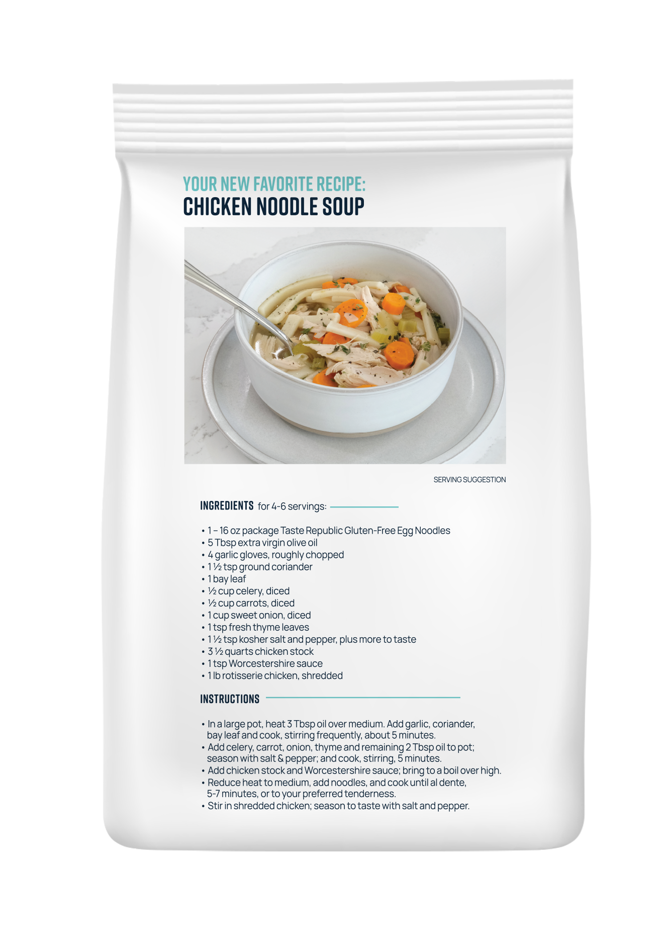 Taste Republic gluten-free egg noodles in a 6-pack, showing the back of the frozen pasta bag with product details.