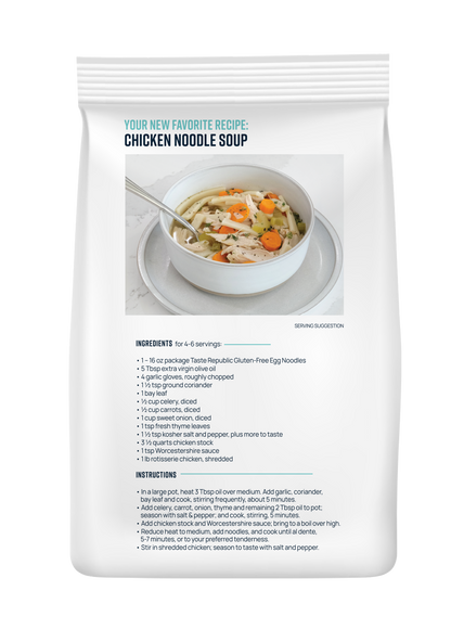Taste Republic gluten-free egg noodles in a 6-pack, showing the back of the frozen pasta bag with product details.