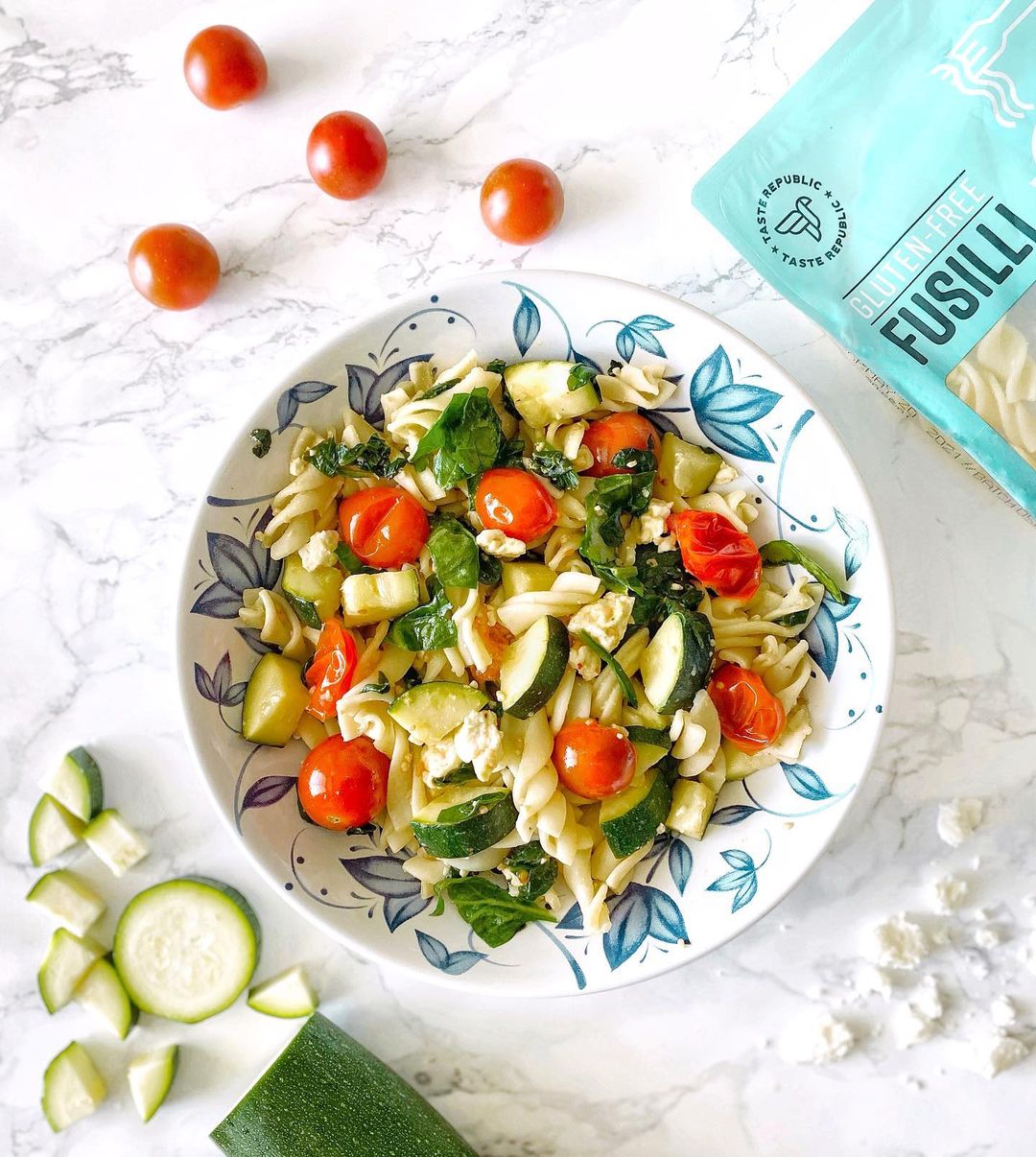 Plate of cooked Taste Republic gluten-free fusilli pasta, showcasing a delicious, beautifully arranged gluten-free pasta dish.
