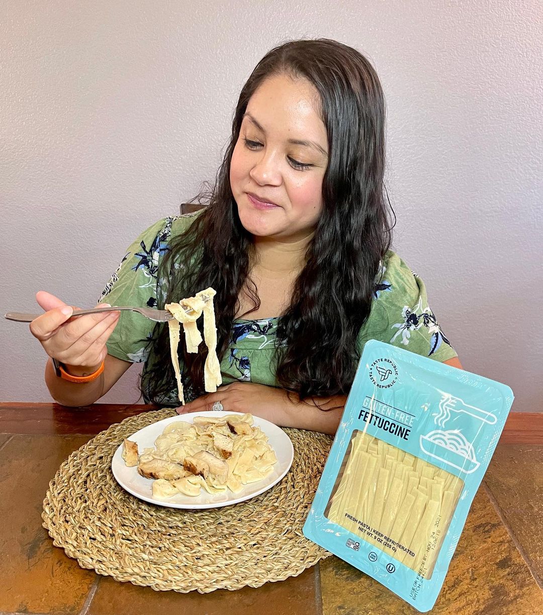 Fresh gluten-free Fettuccine pasta from Taste Republic, shown in a lifestyle setting with Flores twins and family.