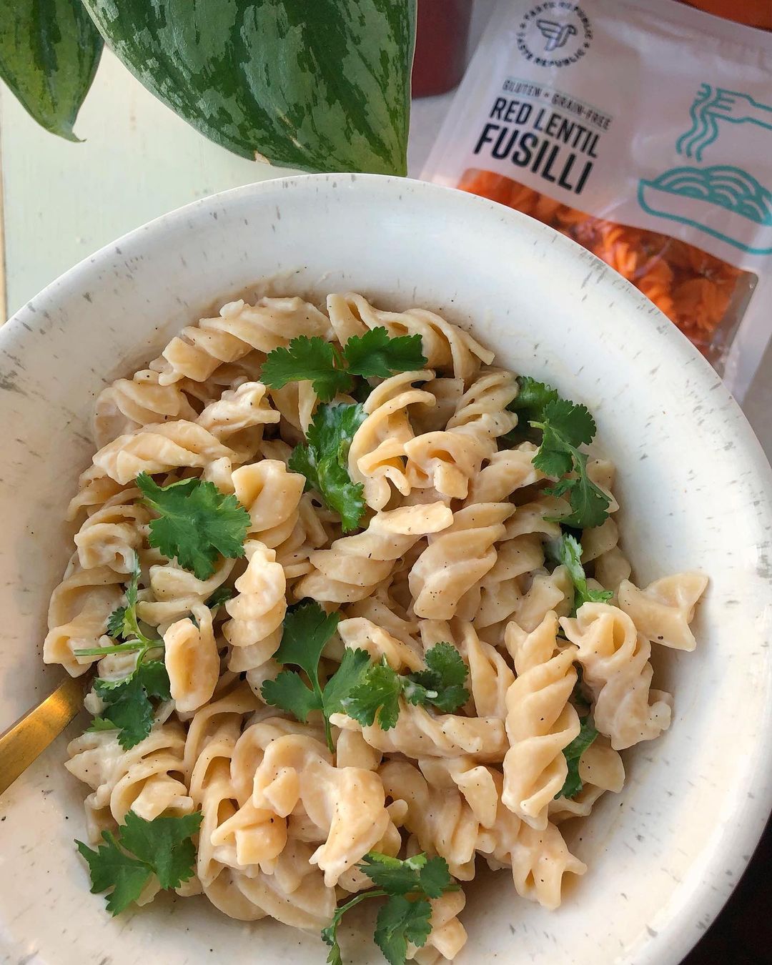 Organic red lentil fusilli pasta by Taste Republic Gluten-Free, displayed in a 6-pack, served with fresh vegetables.