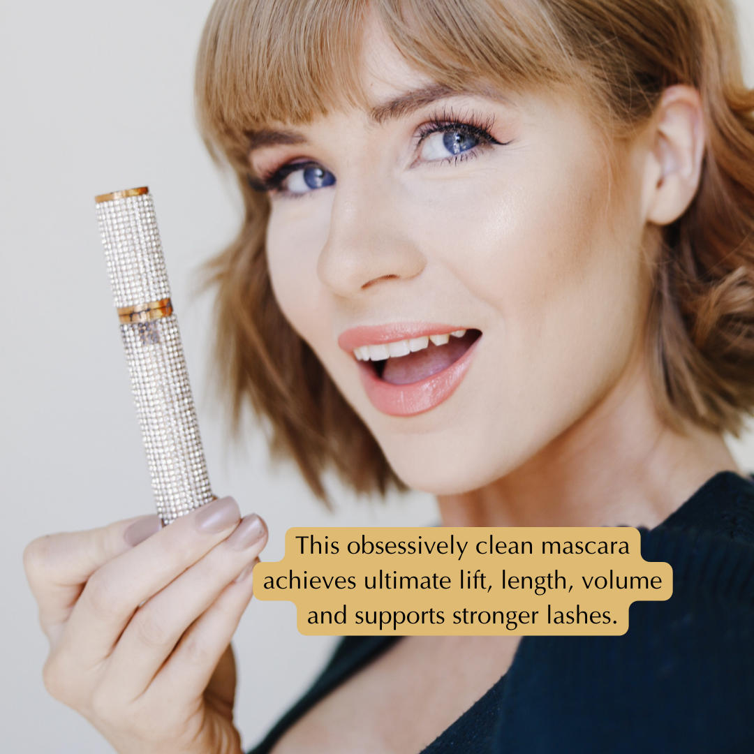EpiLynx Mega Volume Vegan Mascara with handmade diamond case, showing the mascara wand and black lash volume.