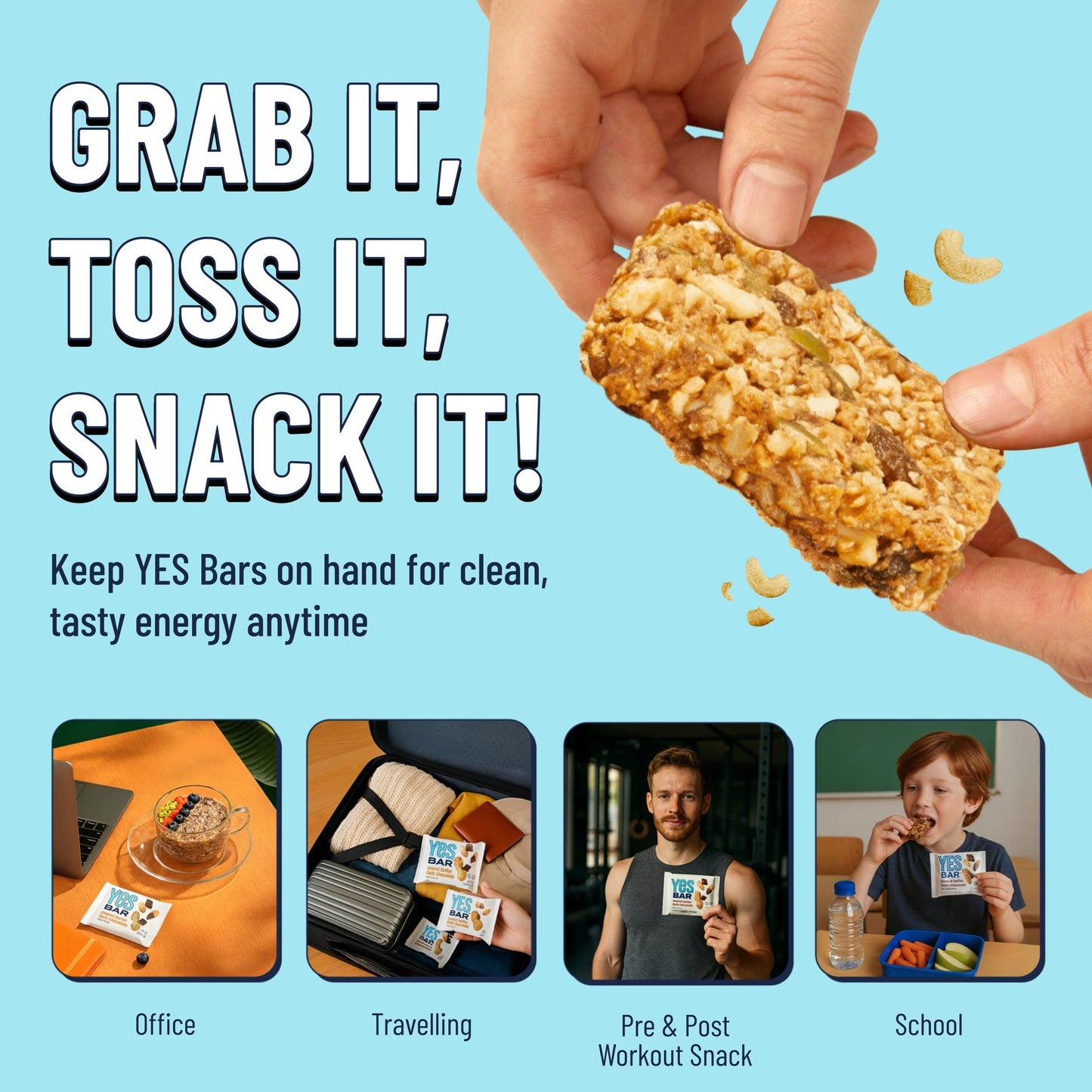 YES BAR Apple Cinnamon Crisp snack bar, showing crispy texture and apple cinnamon flavor in a 6-pack package.