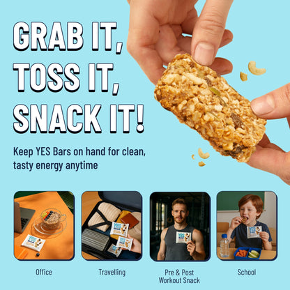 YES BAR Apple Cinnamon Crisp snack bar, showing crispy texture and apple cinnamon flavor in a 6-pack package.
