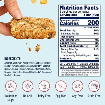 YES BAR Apple Cinnamon Crisp snack bar in a 6-pack, featuring a crunchy texture with apple and cinnamon flavors.