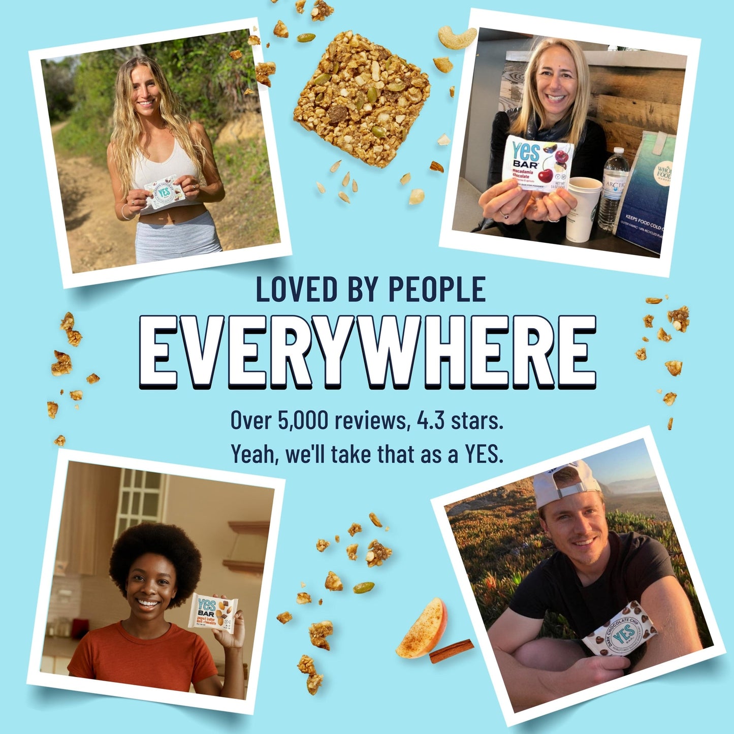 YES BAR Apple Cinnamon Crisp snack bars in a 6-pack, featuring apple and cinnamon flavor with crunchy texture and natural ingredients.
