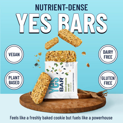 YES BAR Black Sesame Sea Salt snack bar with black sesame seeds and sea salt, 6-pack, healthy plant-based protein snack.