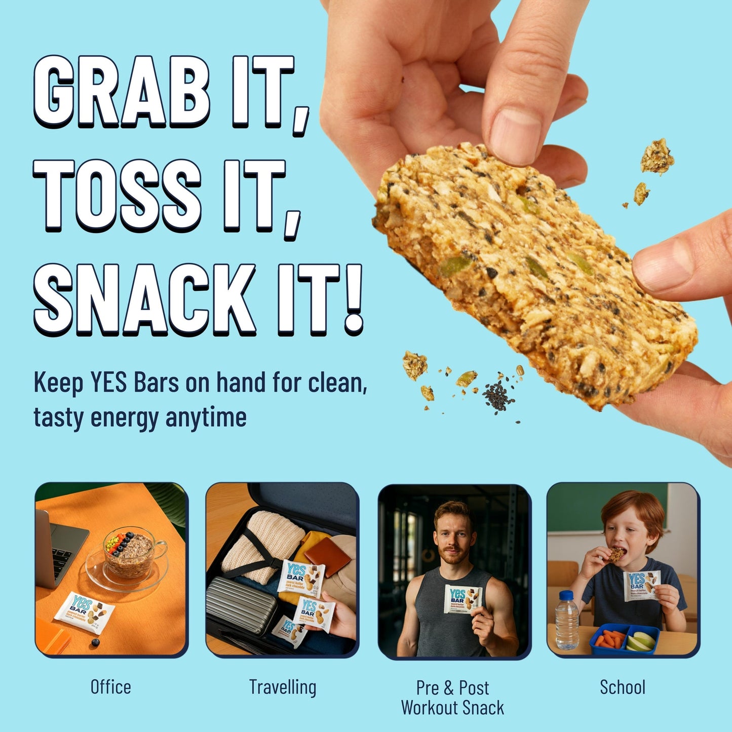 YES BAR Black Sesame Sea Salt snack bars, showing six bars with black sesame seeds and sea salt on the packaging.