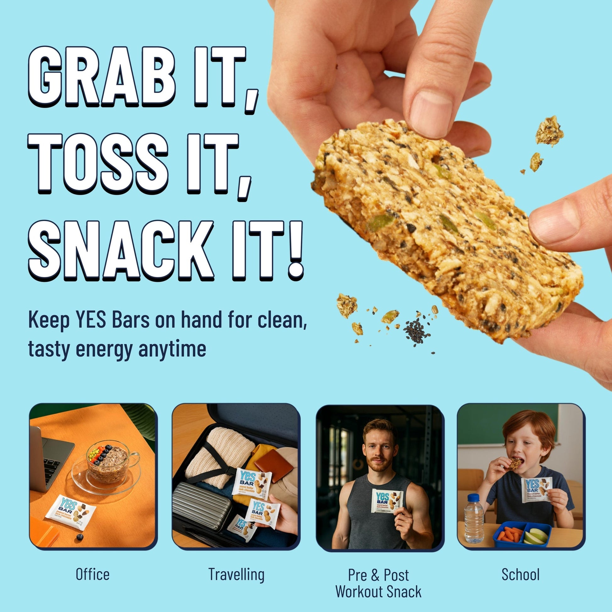 YES BAR Black Sesame Sea Salt snack bars, showing six bars with black sesame seeds and sea salt on the packaging.