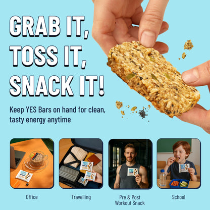 YES BAR Black Sesame Sea Salt snack bars, showing six bars with black sesame seeds and sea salt on the packaging.